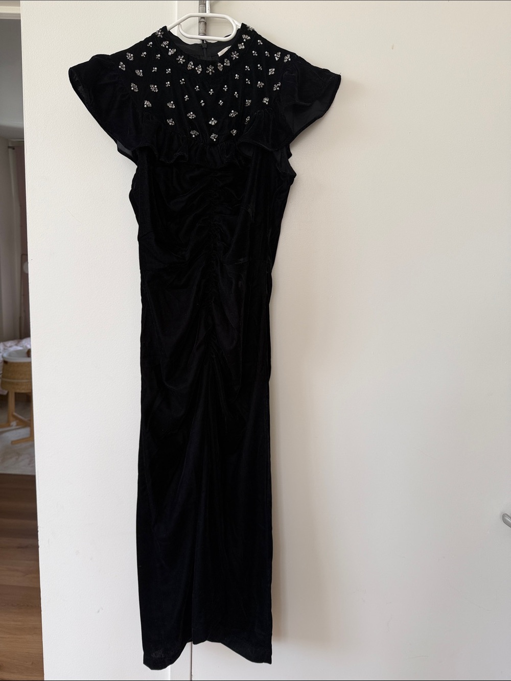 Sea New York Black Velvet Maxi Dress with Beaded Yoke